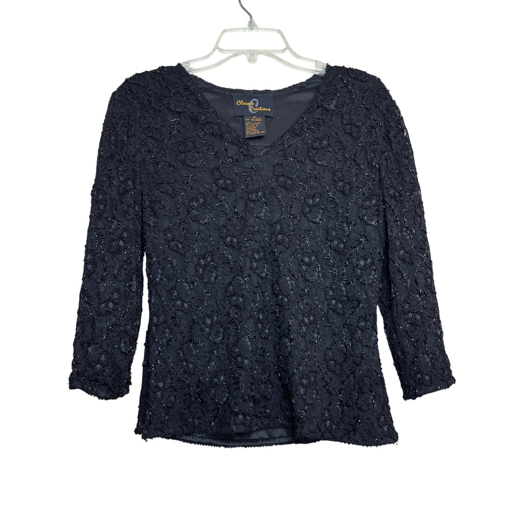 90s Beaded Lace Top Womens Medium‎ Black Beaded Lace Floral Witchy Whimsigoth